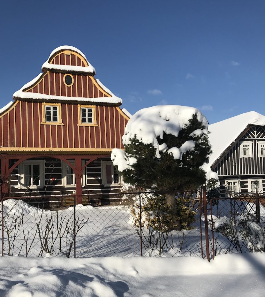 Log cabins in Czech countryside in winter